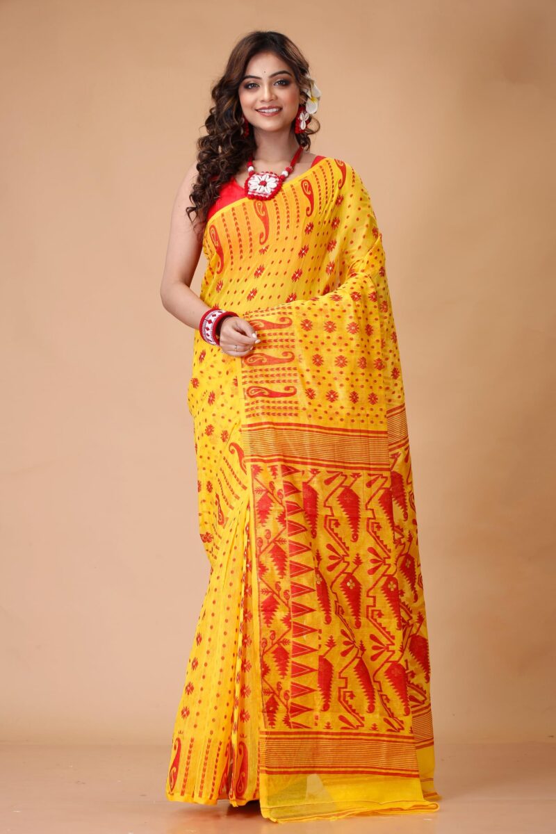 Tant Vastra Stylish Soft Cotton Silk Jamdani Saree For Women, Without Blouse Piece (Yellow) - Image 3