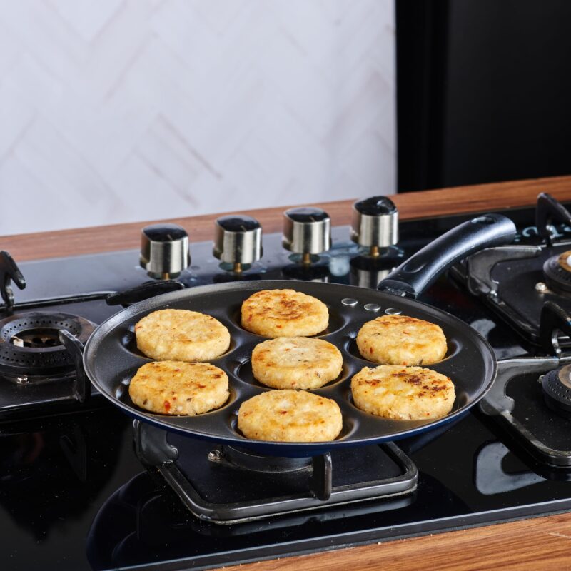 Vinod Zest Aluminium Non Stick Mini Uttapam Pan - 7 Cavaties, 26 cm | 3mm Thick | 3 Layer Coating | Bakelite Handle | Metal Spoon Friendly| Gas Base | 1 Year Warranty - Blue - Image 7