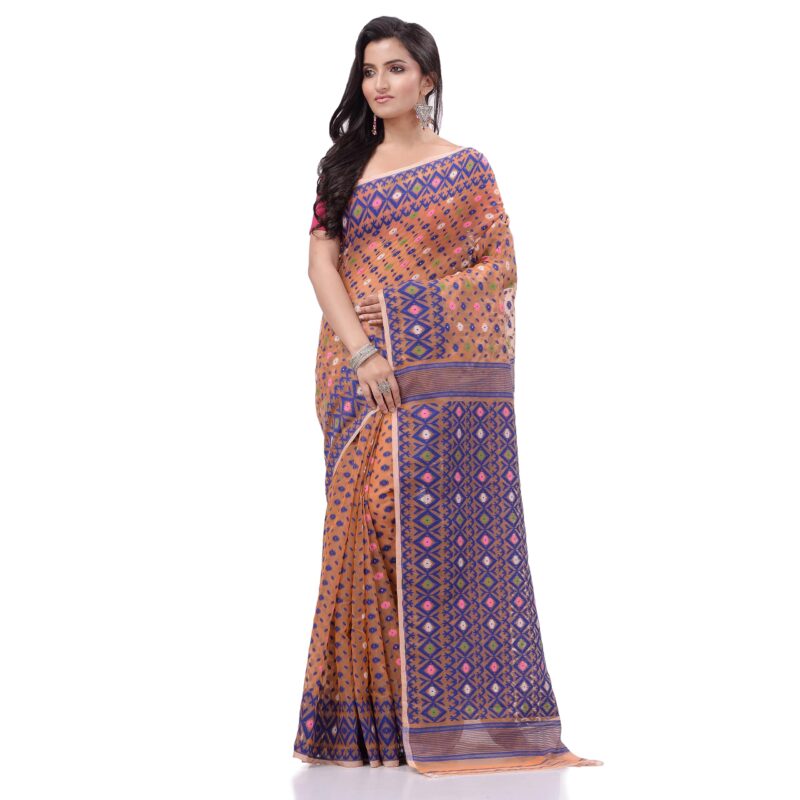 TANTLOOM Sparkle Diamond Resham Dhakai Jamdani Bengal Woven Handloom Pure Cotton Saree for Women Without Blouse Piece - Image 8