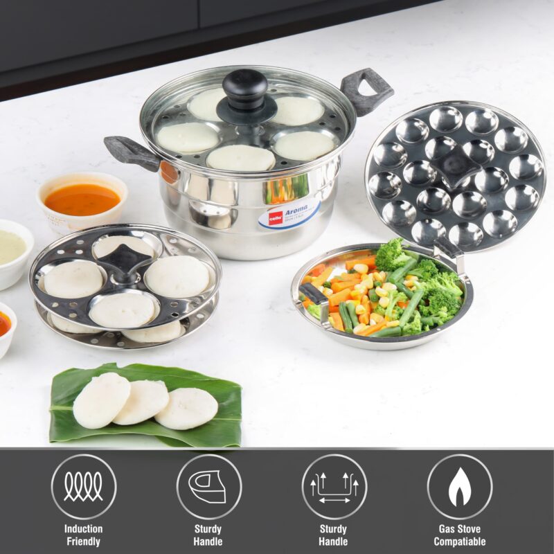 Cello Aroma Stainless Steel Idli Pot with Glass Lid with Multiple Plates 22cm, Silver, 3.5 liter | Compatible With Gas Stove & Induction | Ideal For Dhokla, Patra, Idli, and Momos - Image 8