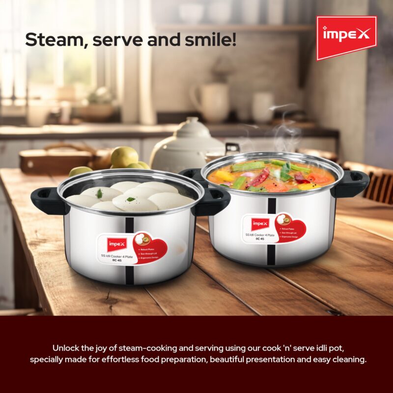 Impex Stainless Steel Idli Cooker With Glass Lid | Induction and Gas Stove Competable Idli Maker | 4.5L Idly Cooker with 4 Plates | 1 year Warranty - Image 6