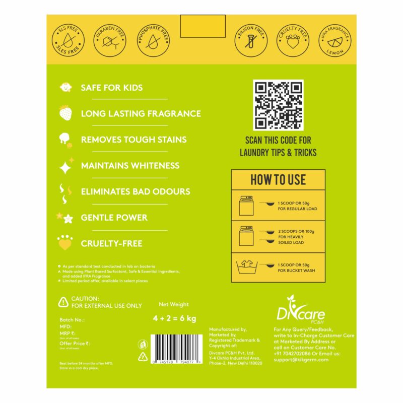 Kikgerm Plant Based Top Load Laundry Detergent Powder - Natural, Eco-friendly, Non-toxic, Chemical-free, Biodegradable - Skin Safe, Pet Safe - Tough Stain Remover - 4 Kg + 2 Kg (6 Kg) - Image 9