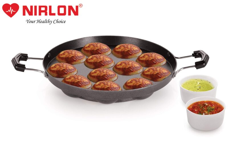 Nirlon Non-Stick Aluminium 12 Cavity Appam PatraPaniyarakkal | Paniyaram | Appam Pan | Pan Cake Maker | Ponganal Maker | Kuzhi Paniyaram | Paddu Tawa with 2 Side Handle[New_26mm_Classic_AP12_No_LID] - Image 3