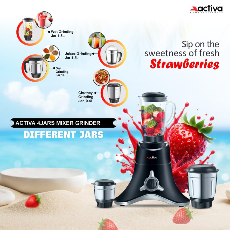 ACTIVA ABS Super Chef 900 Watts Powerful Motor Mixer Grinder With 4 Jars | 2 Years Motor, Black - Image 8