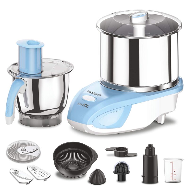 Vidiem IRIS ADC wet grinder ST 327 A (White & Blue) | Wet grinder 2 litre with 1 mult chef jar for slicing, atta kneading, citrus juicing, coconut scrapping & grating | 5 Years Warranty