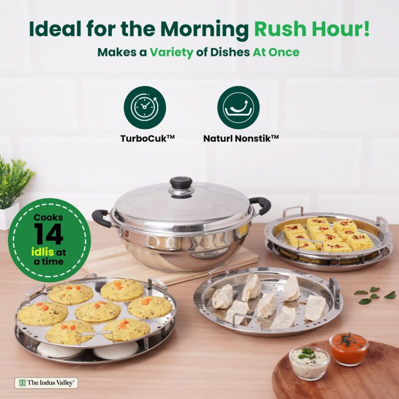 The Indus Valley Stainless Steel Idli Maker/Momo Maker/Multi Kadai/Steamer Set | Large, 5 Plates, 2 Idli | 2 Dhokla | 1 Steamer | 29cm/11.3 inch, 4.2Ltr, 2.5kg | 3-Layer Thick Bottom | Induction friendly - Image 4