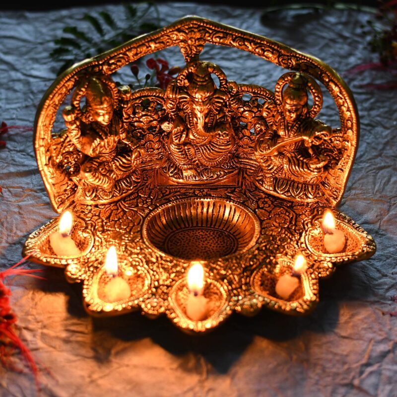 Collectible India Laxmi Ganesh Saraswati Idol Diya Oil Lamp Deepak - Metal Lakshmi Ganesha Showpiece Statue - Traditional Diya for Diwali Puja - Diwali Home Decoration Items Gifts (1) (1) - Image 4