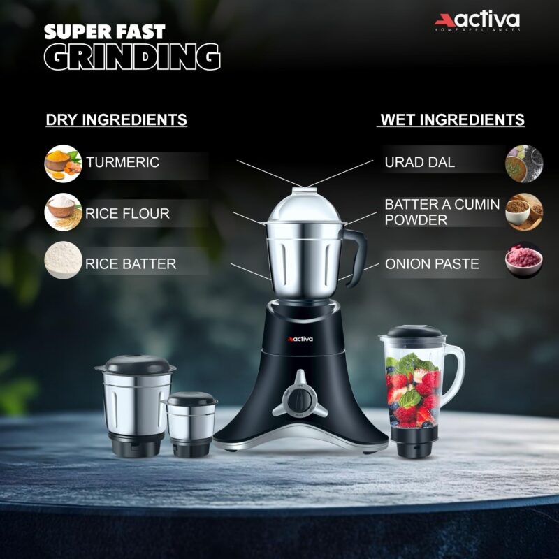 ACTIVA ABS Super Chef 900 Watts Powerful Motor Mixer Grinder With 4 Jars | 2 Years Motor, Black - Image 3