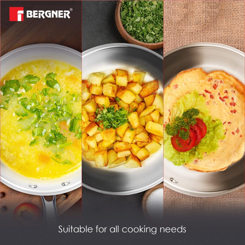 BERGNER Argent TriPly 20 cm Frypan/Steel Pan, Scratch Resistant, for Spice Tempering/Seasoning, Stay Cool Long Handle, Mirror Finish, Induction Ready, 5-Year Warranty by Bergner - Image 7