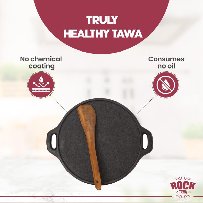 Rock Tawa Dosa Tawa 12 Inch Pre-Seasoned Cast Iron with Free Wooden Spatula and Silicon grip cover - Image 5