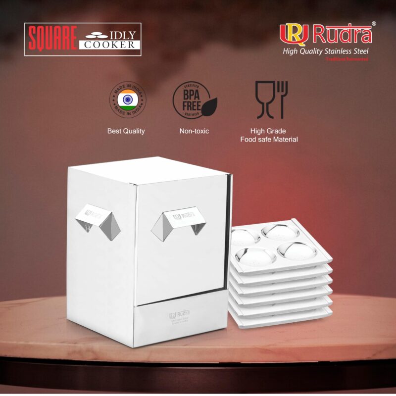 Rudra Stainless Steel Square idly cooker/maker - 6 plates for HOME/Hotel USE, Idli Steamer Set, Gas stove and Induction Stove Compatible Cookware| Made in India - Image 3
