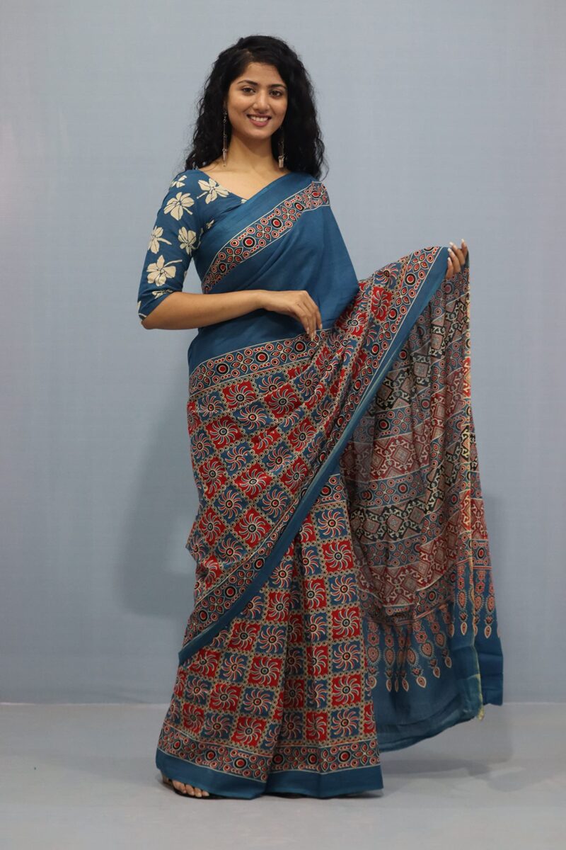 Tropwear Handicrafts Women's Ikat Hand Block Print Jaipuri Cotton Mulmul Saree with Blouse Piece - _SH_320 - Image 3