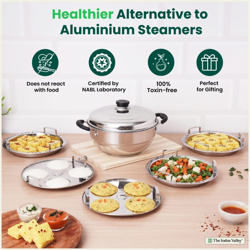 The Indus Valley Stainless Steel Idli Maker/Momo Maker/Multi Kadai/Steamer Set | Small, 5 Plates, 2 Idli | 2 Dhokla | 1 Steamer | 23cm/9 inch, 3Ltr, 1.7kg | 3-Layer Thick Bottom | Induction friendly - Image 5