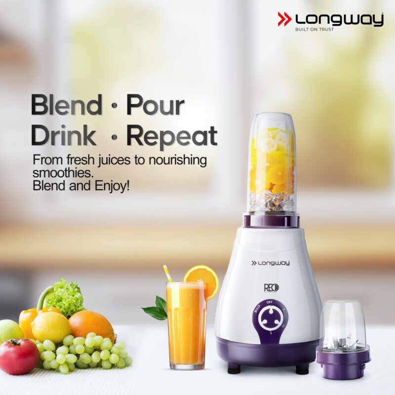Longway Reo 550 Watt Mixer Grinder with 4 Jars for Grinding, Mixing, Blending, Juicing with Powerful Motor | 1 Year Warranty | (Purple, 4 Jars) - Image 6
