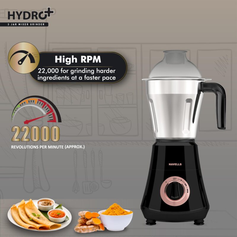Havells Hydro Plus 1000 watt 3 Jar Mixer Grinder with Ball Bearing Motor, 22000 RPM, Wider mouth Stainless Steel Jar, Hands Free operation, SS-304 Grade Blade & 2 Yr Manufacturer Warranty - Image 3