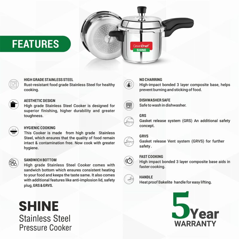 GREENCHEF Shine outer lid Stainless steel Pressure cooker 3 litre Induction Compatible - ISI Certified - Image 5