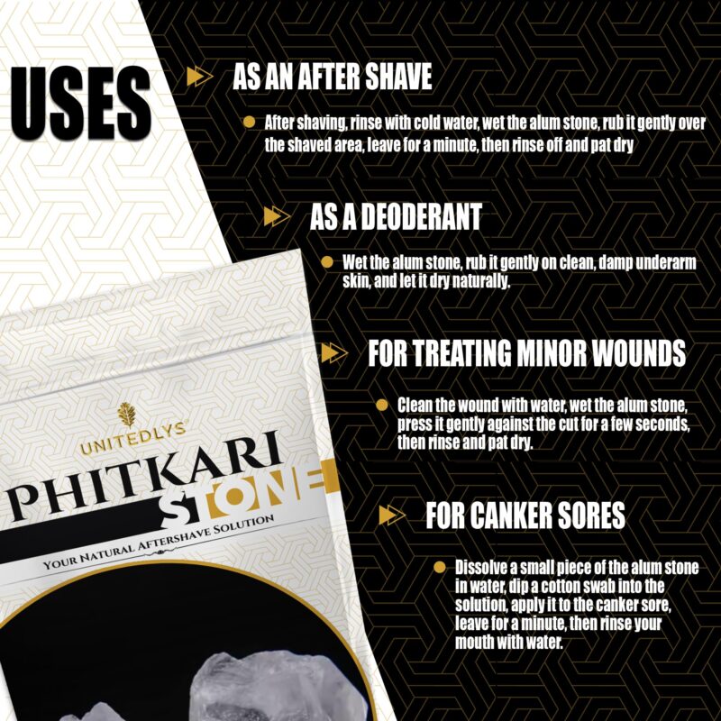 Unitedlys Organic Phitkari Alum Stone for Face 800G | Fitkari Stone for Skin Tightening, Water Purification, Shaving & Teeth Care | Premium White Crystals Fitkiri Alum Stone | Gentle & Effective - Image 8