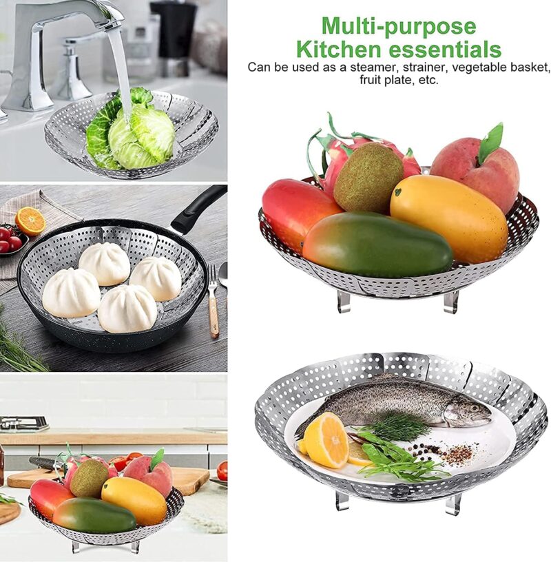 TCNAM Vegetable Steamer Basket, Folding Steamer to Fits Various Size Pot, Premium Stainless Steel Veggie Steamer Basket Insert for Veggie/Fish/Seafood/Momos/Fruits/Salad Cooking (SILVER, L) - Image 5