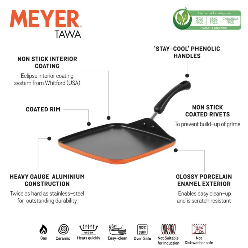 Meyer Non Stick Aluminium Square Tawa, 28 cm, Orange - Image 6