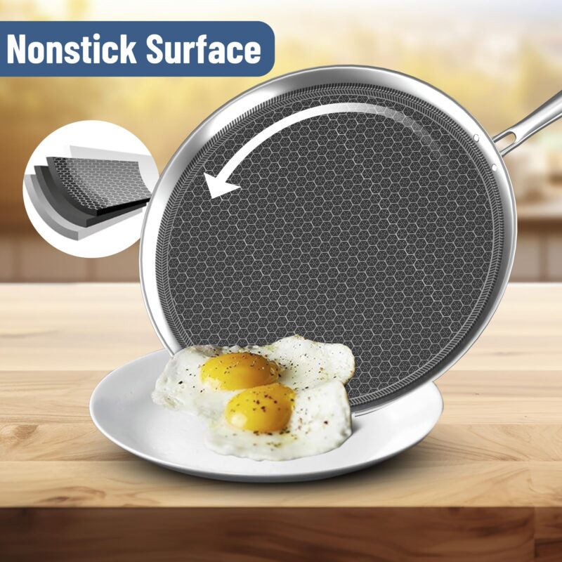 Esspy 11.5inch/29cm Triply Non Stick Dosa Tawa | Stainless Steel Tawa for Dosa | Tawa for Roti/Chapati/Paratha | Metal Spatula Friendly, 4.0 mm Thick, Honeycomb Pattern, Riveted Handle, Food Safe - Image 7