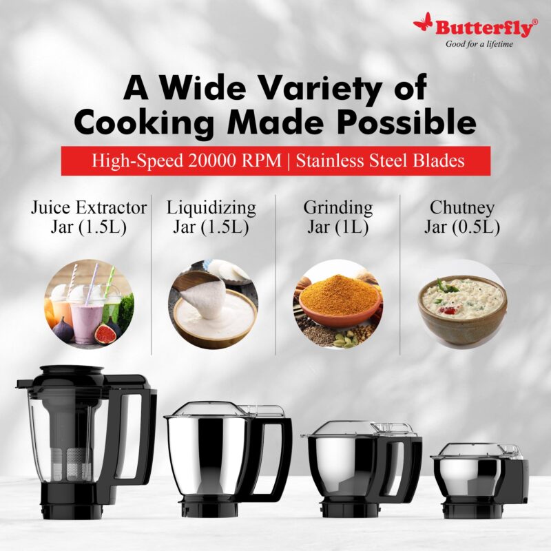 Butterfly Magnum 1.2HP Mixer Grinder with 4 Jars | 100% Copper Motor | 3 Stainless Steel Multipurpose Jars and 1 Juicer Jar | ABS Body | Handsfree Operation | Lifetime Motor Warranty| Black - Image 2