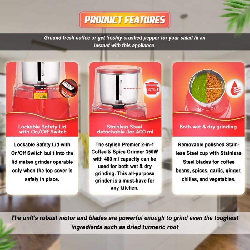 Premier Spice Grinder KM-521 | 350W Wet & Dry Multifunction Food Grinder |Stainless Steel Herbs, Spices, Nuts, and Grain Grinder for Home & Office with Detachable Jar - Image 4