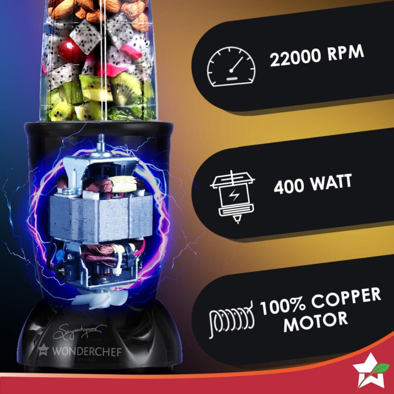 Wonderchef Nutri-blend Juicer, Mixer, Grinder| 500 watts 100% Full Copper Motor| Complete Kitchen Machine|4 Unbreakable Jars|2 Years Warranty|Recipe Book By Chef Sanjeev Kapoor|Black - Image 6