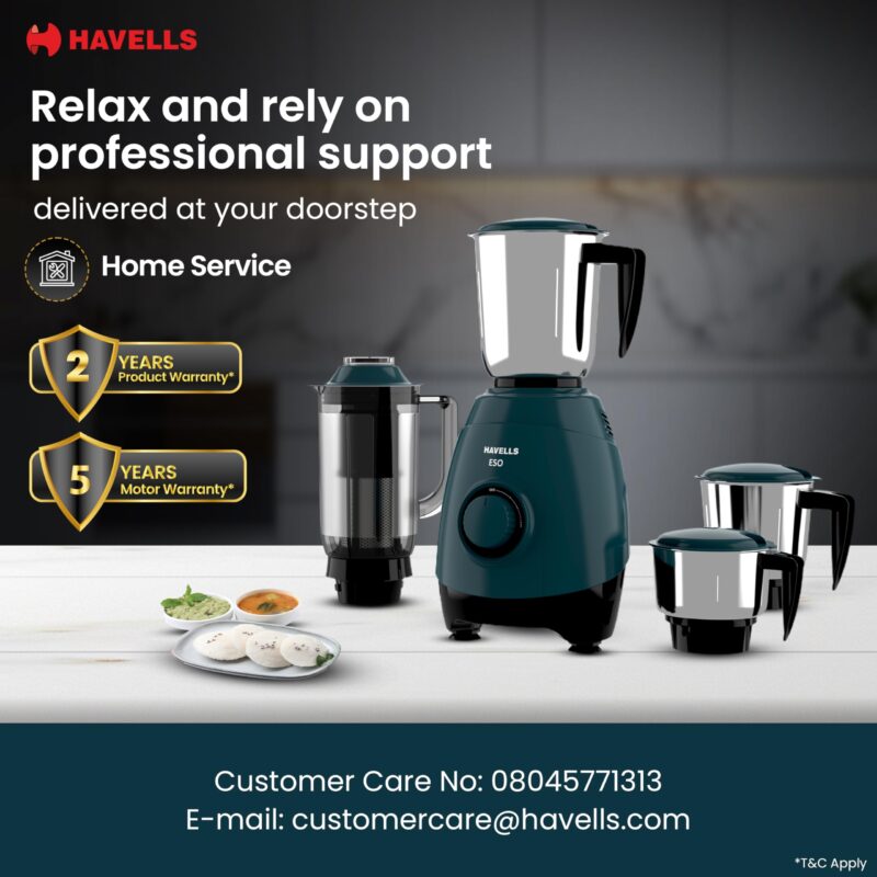 Havells ESO 750W 4 JAR Mixer Grinder, 304 SS Blades, High Speed 21000 RPM motor, Heavy and Wider mouth SS Jars, All Jars with Handle, 2 Year Product & 5 Year Motor Warranty (Teal) - Image 2