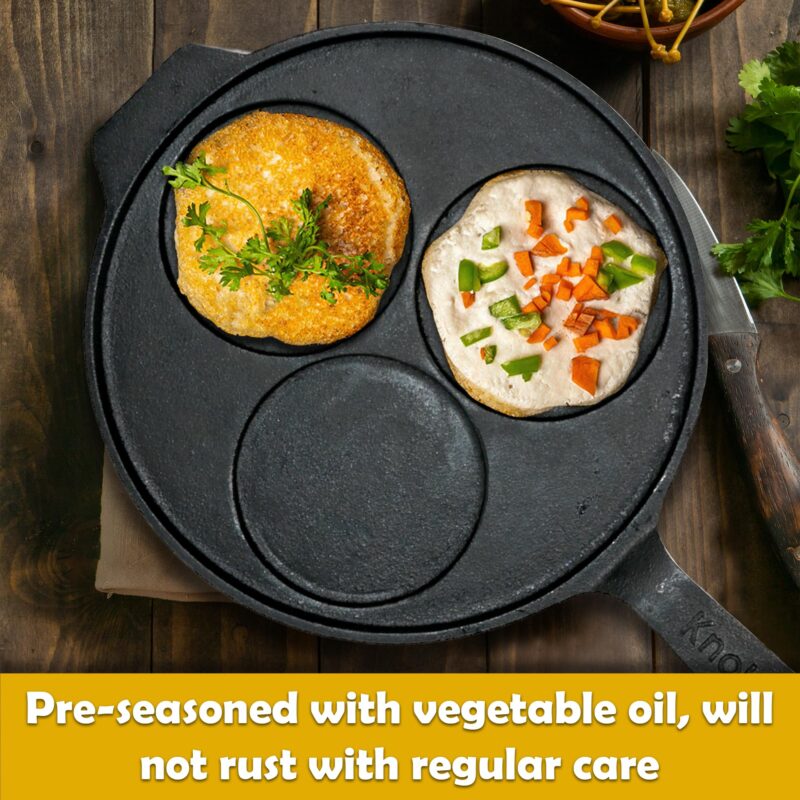 KNOBON Cast Iron Uttapam Tawa | 3 Pit, 26Cm Pancake Pan,Induction Friendly, Naturally Nonstick, 100% Pure & Toxin-Free Uttappam Tawa with Iron Handle| Black - Image 7