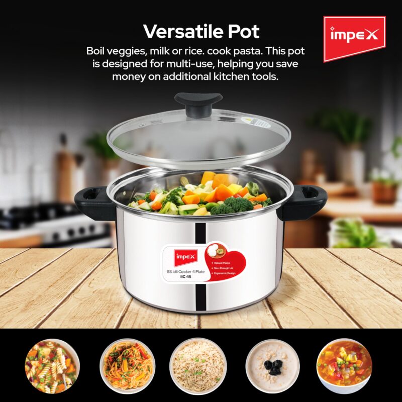 Impex Stainless Steel Idli Cooker With Glass Lid | Induction and Gas Stove Competable Idli Maker | 4.5L Idly Cooker with 4 Plates | 1 year Warranty - Image 5