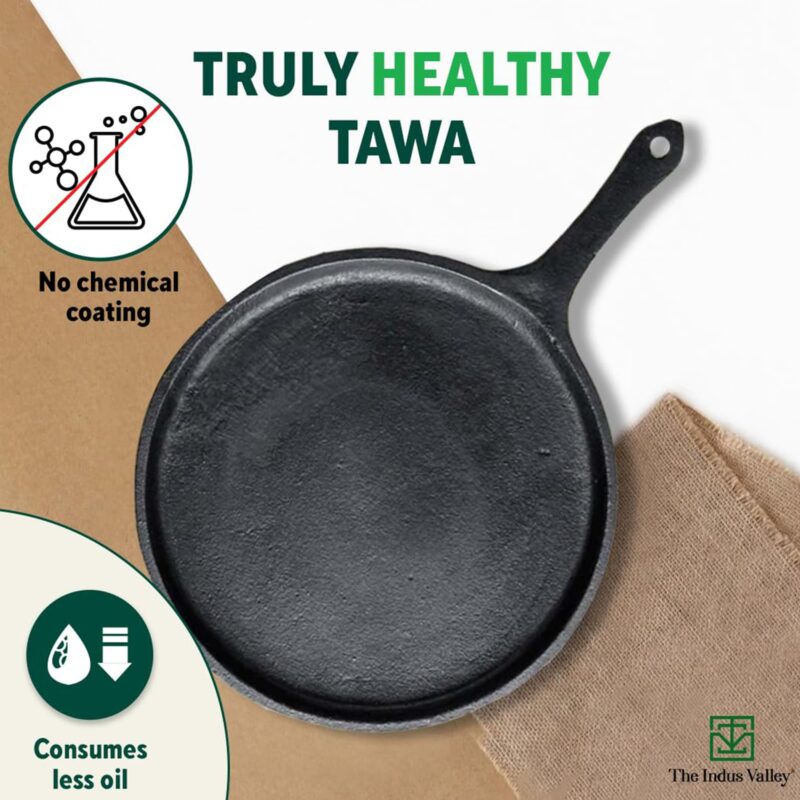 The Indus Valley Pre-Seasoned Cast Iron Tawa with Free Wooden Spatula for Dosa/Chapathi | 25.7cm/10.3 inch, 2kg | Induction Friendly | Naturally Nonstick, 100% Pure & Toxin-Free, No Chemical Coating - Image 8