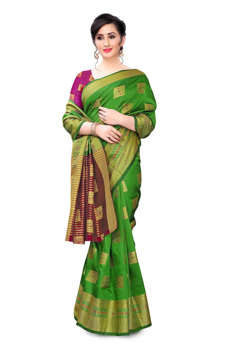 KILI FASHION Women's Striped Pallu Geometric Banarasi Cotton Silk Saree with Blouse Piece (Green, Free Size) - Image 5