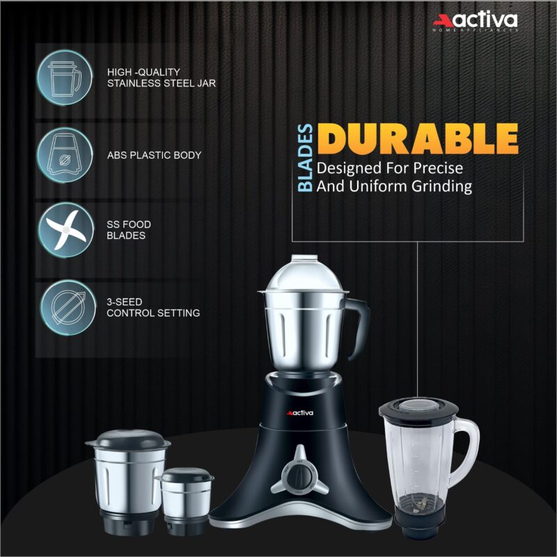 ACTIVA ABS Super Chef 900 Watts Powerful Motor Mixer Grinder With 4 Jars | 2 Years Motor, Black - Image 5