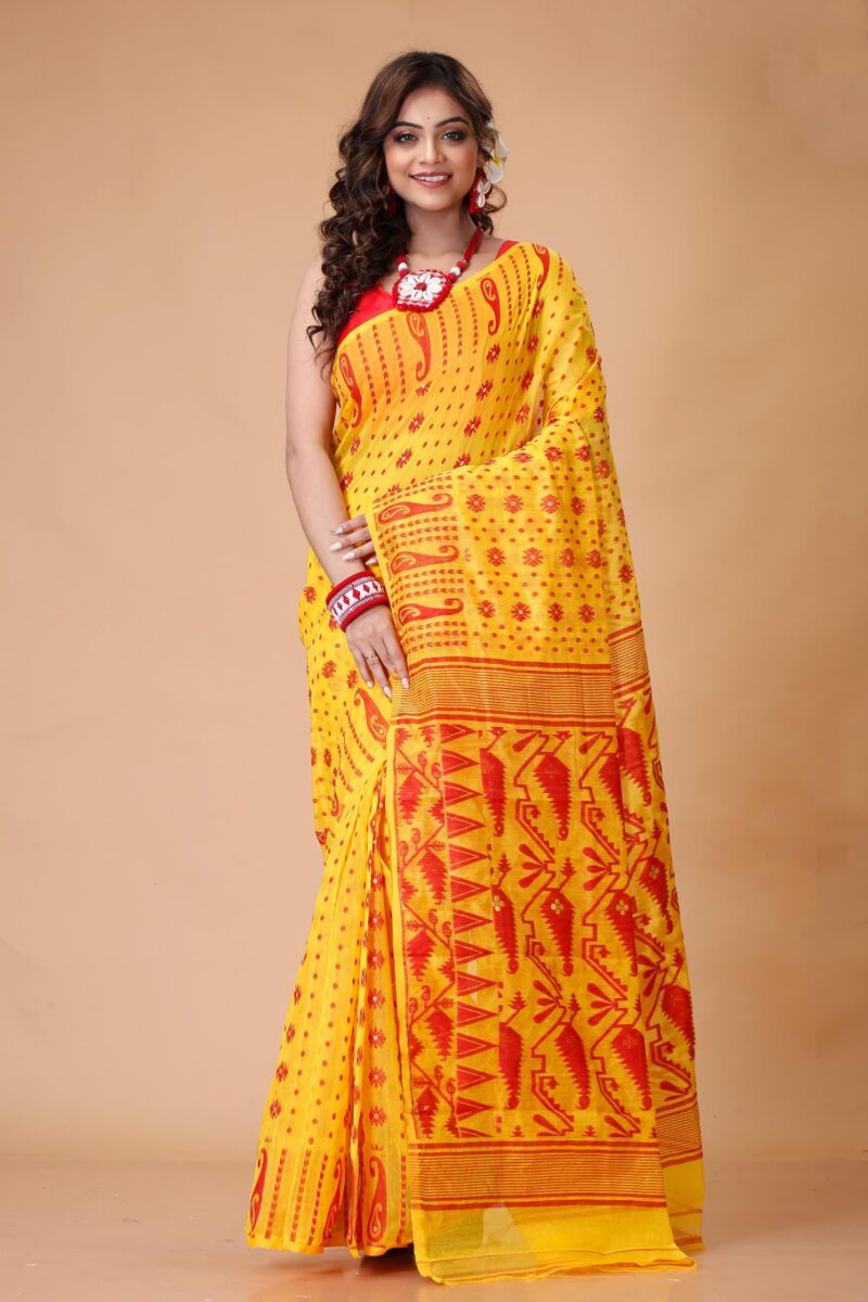 Tant Vastra Stylish Soft Cotton Silk Jamdani Saree For Women, Without Blouse Piece (Yellow) - Image 7
