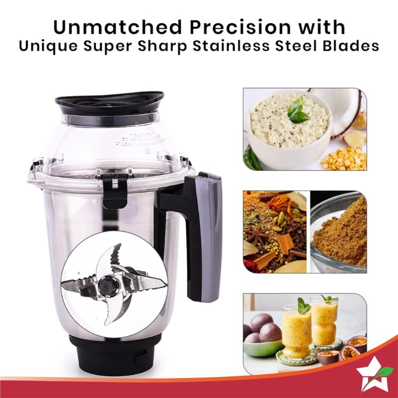 Wonderchef Galaxy Mixer Grinder 750 100% Copper Motor, 4 Stainless Steel Jars, Black & Grey, 5 Years Warranty - Image 3
