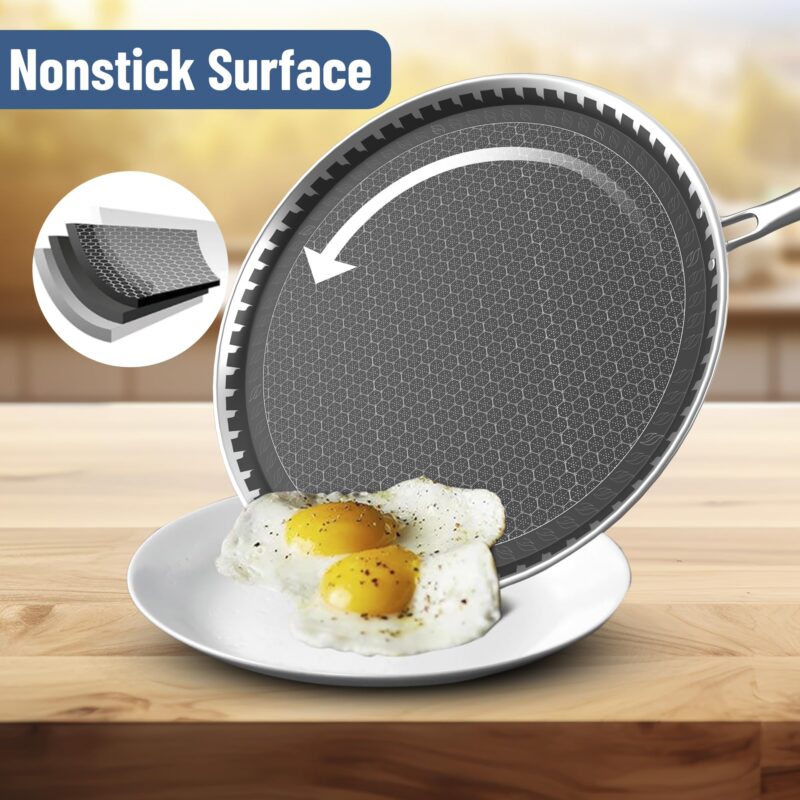 Esspy Hybrid 31cm Triply Dosa Tawa, Stainless Steel Tawa for Dosa, Non Stick Tawa for Roti/Chapati/Paratha, Metal Spatula Friendly, 4.0 mm Thick, Honeycomb Pattern, Riveted Handle, Food Safe - Image 8