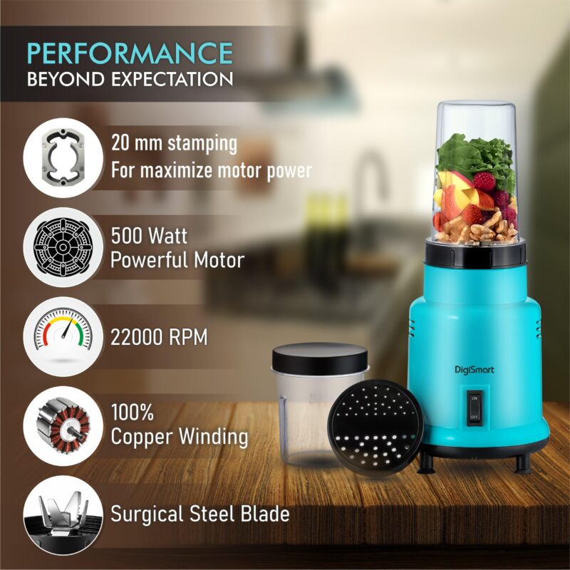 DIGISMART Mix Nutri Mixer Grinder With 2 Jar | 500 Watt | Long Lasting Shock Proof ABS Body | 20 MM Heavy Duty Motor With Nano -Grinding Technology Surgical Steel Blending with 2 Years Warranty - Image 6