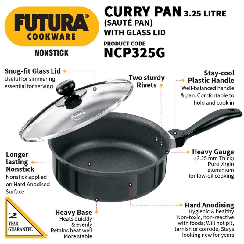 Hawkins Futura 3.25 Litre Curry Pan, Non Stick Saute Pan with Glass Lid, Deep Pan for Frying, Black (NCP325G) - Image 7