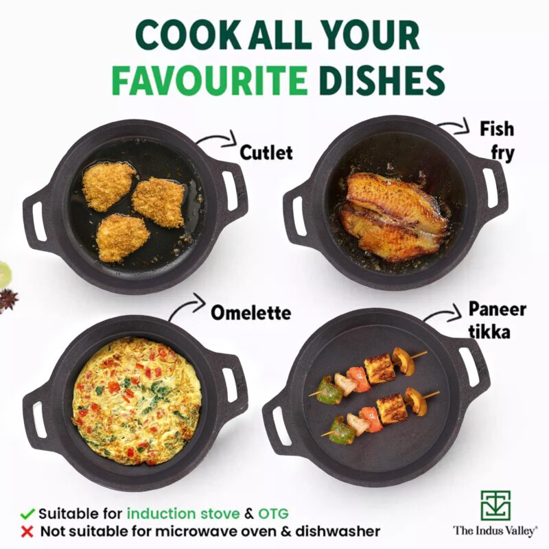 The Indus Valley Preseasoned Cast Iron Fish Fry Pan With Double Handle| Medium 22.4Cm/ 8.8Inch, 1.5Kg | Induction Friendly | Nonstick Fish Fry Pan, 100% Pure & Toxin Free, No Chemical Coating, Black - Image 2
