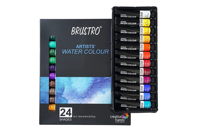 BRUSTRO Artists ’ Watercolour Set of 24 Colours X 12ML Tubes with Artist 25% Cotton Pad Cold Pressed 200 GSM A4 Pad 20 Sheets and Aqua Squeeze Leak Proof Brush Pen