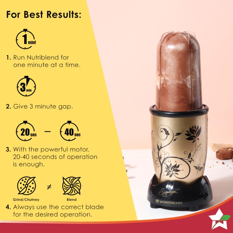Wonderchef Nutri-blend Mixer, Grinder & Blender|500W 22000 RPM 100% Full Copper Motor|Stainless Steel Blades|2 Unbreakable Jars|2 Years Warranty|Recipe book by Chef Sanjeev Kapoor|Champagne - Image 3