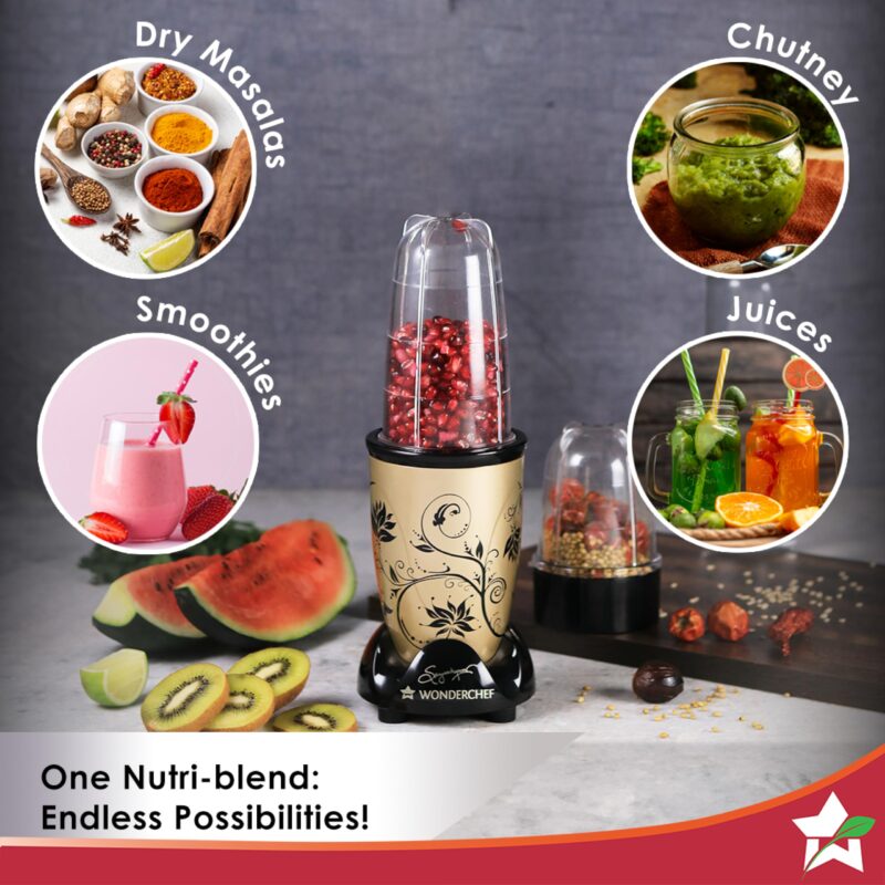 Wonderchef Nutri-blend Mixer, Grinder & Blender|500W 22000 RPM 100% Full Copper Motor|Stainless Steel Blades|2 Unbreakable Jars|2 Years Warranty|Recipe book by Chef Sanjeev Kapoor|Champagne - Image 7