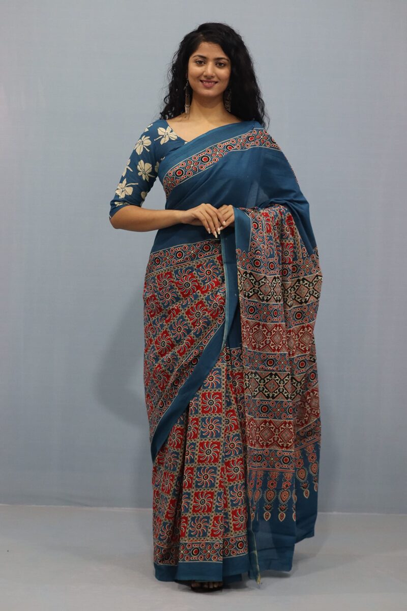 Tropwear Handicrafts Women's Ikat Hand Block Print Jaipuri Cotton Mulmul Saree with Blouse Piece - _SH_320 - Image 4