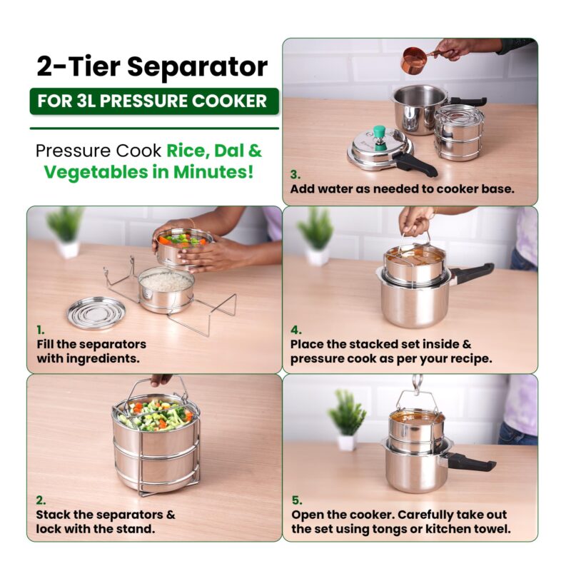 The Indus Valley Stainless Steel Separator Set for 3ltr Pressure Cooker | 5.5 inch, 1.9 ltr, 2-Tier | 100% Toxin Free, No Chemical coating - Image 9