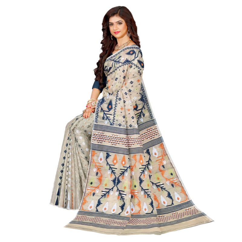 Mayabi Women's Dhakai Jamdani Cotton Silk Saree Traditional Bengali Tant Korat Work, Without Blouse Piece (Creamy White) - Image 3