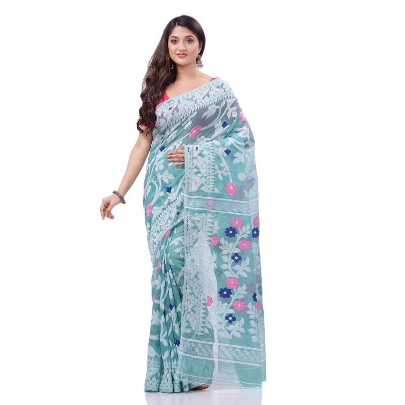dB DESH BIDESH Women's Rangabati Resham Dhakai Jamdani Pure Cotton Handloom Saree Without Blouse Piece (Firoza, Multicolor) - Image 2