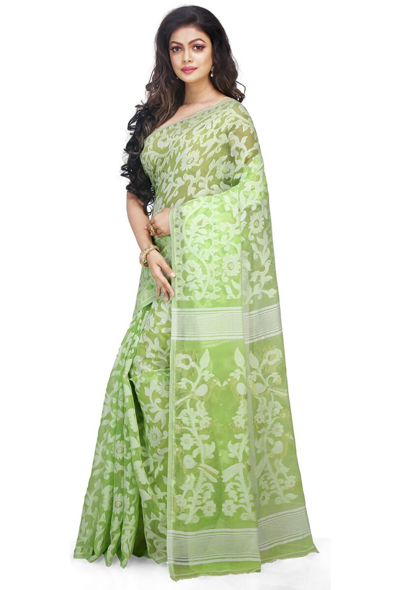 Bengal Handloom Women's Jamdani Cotton Saree Without Blouse Piece (Pakhid_Green) - Image 4