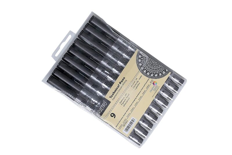 Brustro Artists Sketch Book Stitched Bound A5-110 GSM, 160 Pages Acid Free & Technical Pen Black Assorted Set of 9 Combo