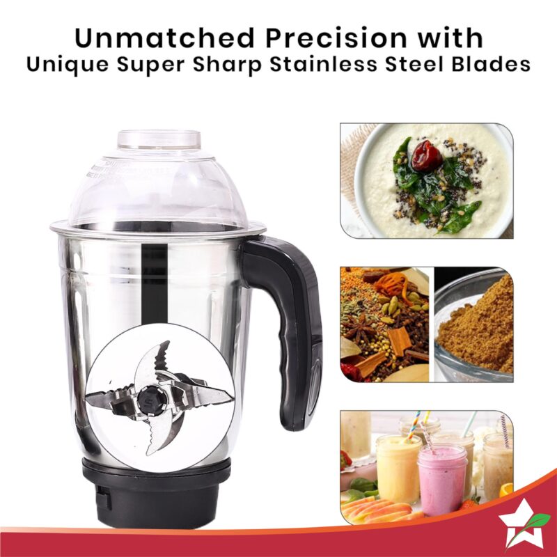 Wonderchef Acura Blender Pro Mixer Grinder 500W, 230V~50Hz, 4 Jars(2 Stainless Steel + 2 Polycarbonate Jars), Black & Blue, 2 Years Warranty by Wonderchef - Image 4