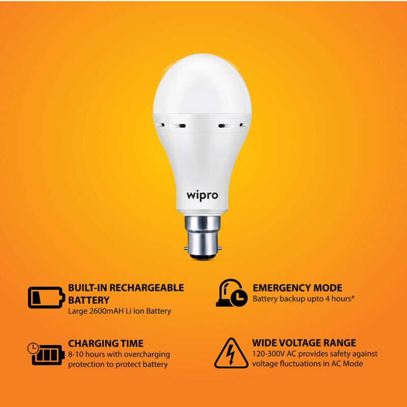 wipro Garnet 9w LED Emergency Bulb | Cool Day White (6500K) | B22 LED Bulb Base | Inverter Bulb for home, with 4 Hours battery back up| Li-ion Battery | Over charging Protection | Pack of 1 - Image 3